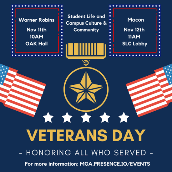 Flyer for Veterans Day Events on Warner Robins & Macon campuses.